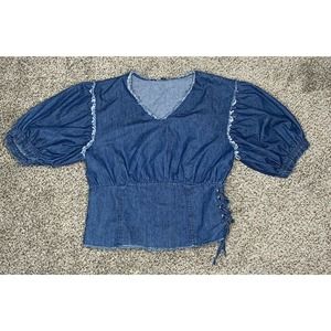 MOELLEUX Anthro Cotton Puff Sleeve Denim Blouse S